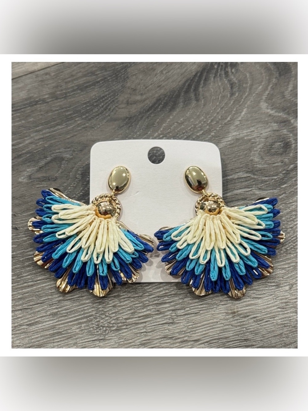 Blue and Cream Fanned Raffia Summer Drop Earrings Women’s Fashion Jewelry